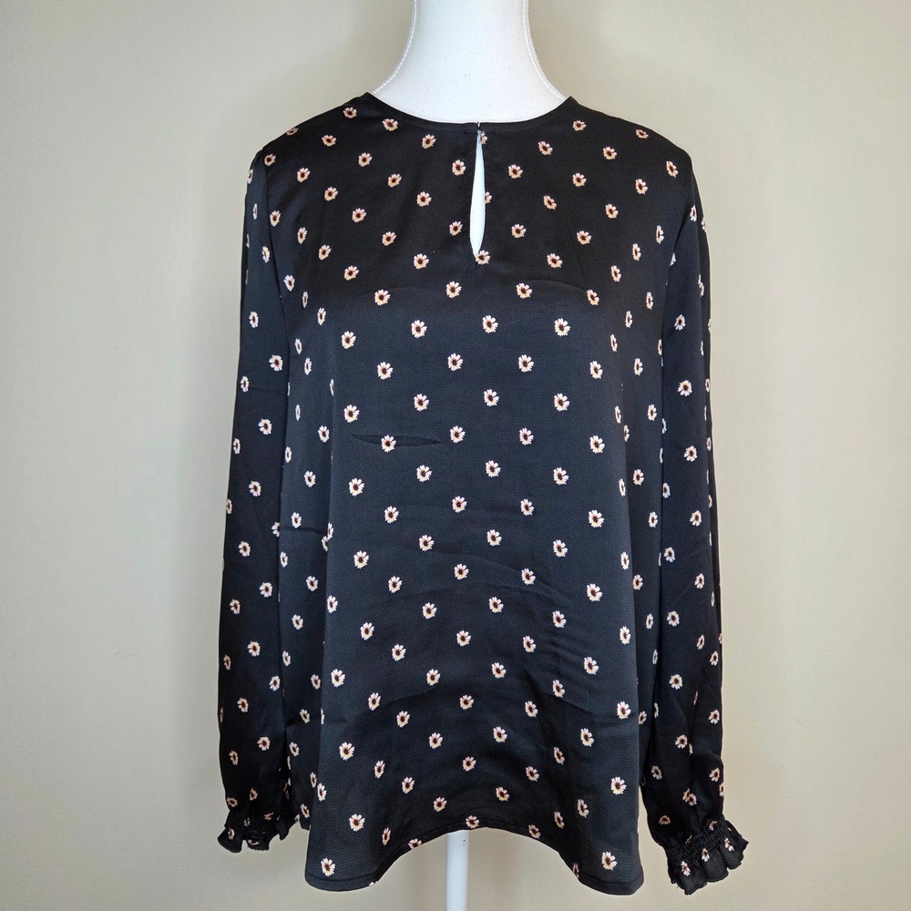 Ted Baker Womens Black Daisy Floral Print Satin Keyhole Blouse Smocked Cuff M